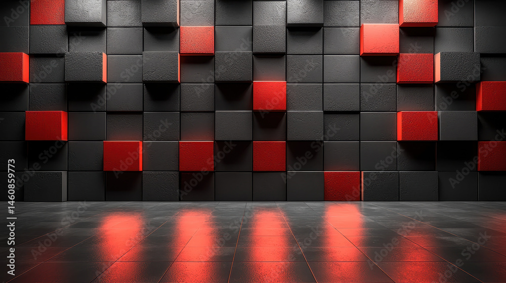 Poster a realistic 4k 3d background with dynamic sound visualization, displaying gray and red cubes from a 