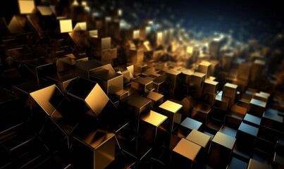 Abstract 3D Background of Shiny Golden Blocks and Cubes