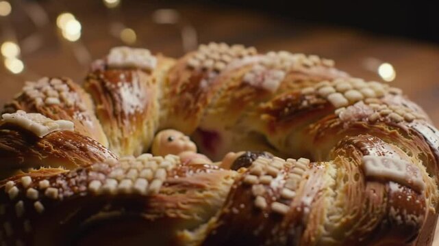 Close Up of Golden Rosca De Reyes Topped with Candied Fruit and Sugar on Wooden Table Celebrating Three Kings Day