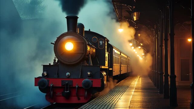 Steam train arriving at misty station on a quiet night with glowing platform lights, Steam Train at Station in Misty Night Atmosphere