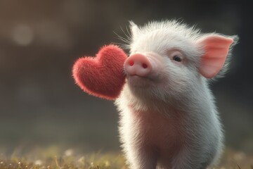 Adorable piglet holding red heart in mouth close up on grass in soft light for Valentine's Day or love concept
