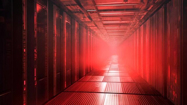 Supercomputer tunnel enveloped in ominous red fog creates an eerie atmosphere, Supercomputer tunnel evil red fog 3d