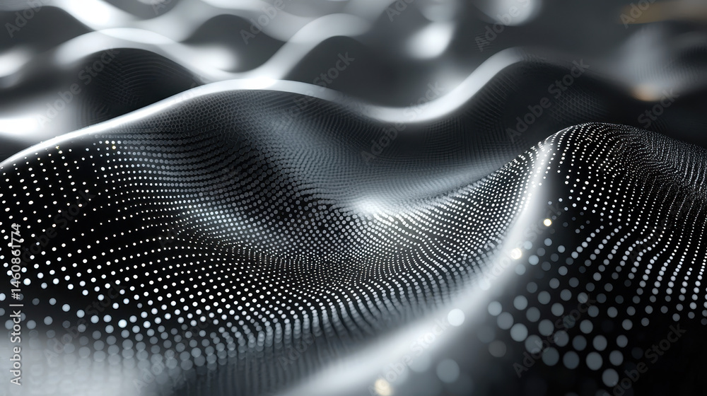 Poster a realistic 4k 3d background featu sound wave graphics and shimme dot patterns viewed from a low sid