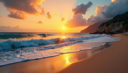 Fototapeta premium Golden sand beach at sunset, tranquil ocean waves gently lapping the shore , horizon, blue