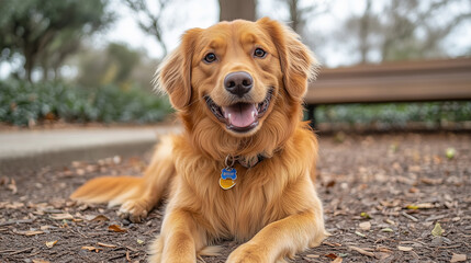 Playful golden retriever with leash on ground, joyful expression in natural light. Pure happiness and carefree spirit of a beloved pet.