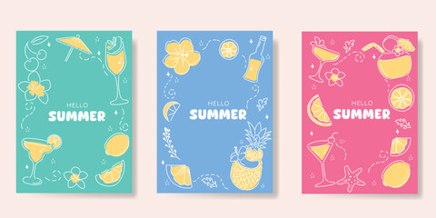 Summer doodle hand drawn poster background vector set. Colorful abstract wallpaper with cocktail, lemon, pineapple. Happy summertime illustration design for greeting card, drink menu, beverages.