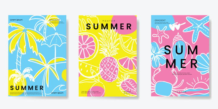 Summer doodle hand drawn poster background vector set. Colorful abstract wallpaper with coconut tree, lemon, pineapple. Happy summertime illustration design for greeting card, drink menu, beverages.