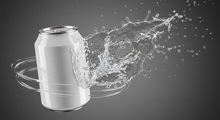 Aluminum Can with Water Splashing in a Circular Motion on Gray