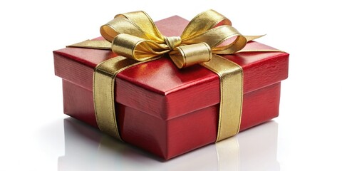 Obraz premium Elegant Red Gift Box with Golden Bow - Christmas Holiday Birthday Anniversary Present