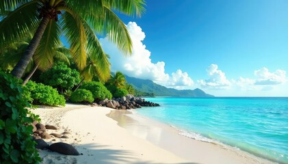 Lush tropical vegetation thrives on a secluded, sandy beach of a desert island , uninhabited, jungle, paradise