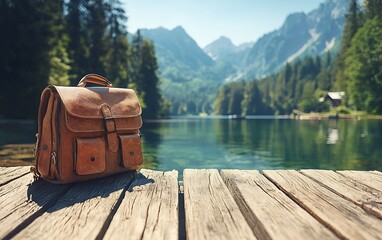Leather satchel on a wooden dock overlooking a serene lake