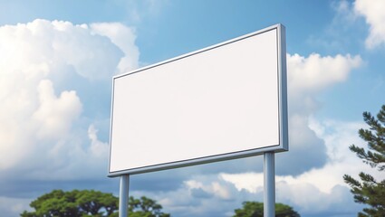 Fototapeta premium Blank billboard sign in forest and blue sky. Wide, blurred background. 3d render