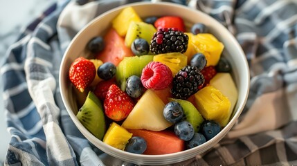 "A bowl of fresh fruit salad with a variety of colorful fruits including pineapple, berries, and melon."