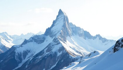 Fototapeta premium Snow-covered mountain peak against bright white sky, clean, panorama