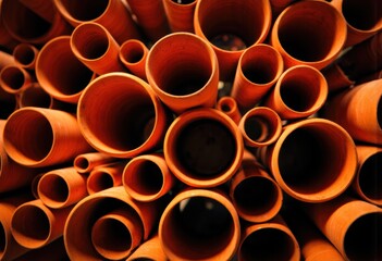 Abstract arrangement of orange pipes creating a visually striking pattern
