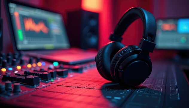 Studio headphones on mixing console, audio production setup , fader, software, music