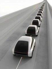 Futuristic car convoy traveling on elevated track, top down view, concept of automated transportation, modern design, white and black vehicles, minimalist style