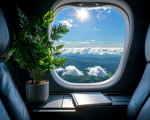 Fototapeta premium Airplane window seat with plant and book, scenic view