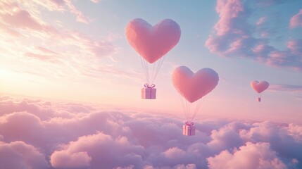 Fototapeta premium A Box flying on a parachute with pink cloud in valentine day,package flying down from sky and cloud with parachute, concept for delivery service,shopping online,air delivery service.