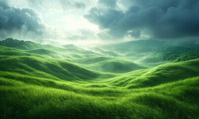 Fototapeta premium Expansive green grassland under overcast sky showing undulating natural texture wind movement and isolated field pattern in nature landscape photography view, 