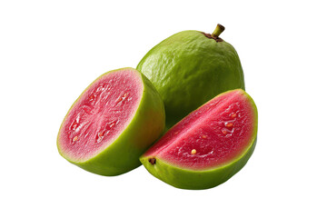 Pink guava slices with whole fruit and green leaves isolated on transparent background