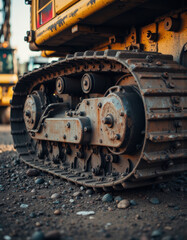 Fototapeta premium Close-up of a heavy machinery track showcasing its rugged design and durability