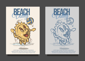 smile sun funky mascot smasing volley ball ath the beach for beach volley concept. vintage style sun cartoon mascot vector illustration