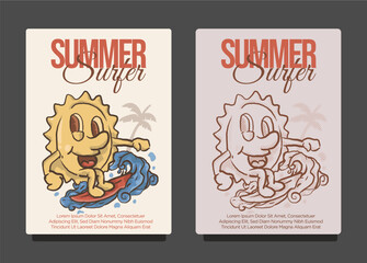 smile sun funky mascotsurfing ride the waves with coconut trees sillhouete for summer surfer concept. vintage style sun cartoon mascot vector illustration