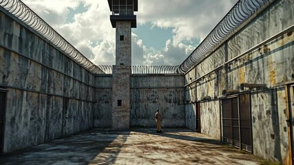 Barren Prison Yard: A desolate view of confinement with high security and watchtower - Powered by Adobe
