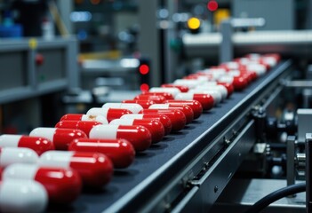 Obraz premium Red and white capsules on a conveyor belt in a pharmaceutical factory
