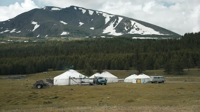 Wide-angle static shot of Khoron Lake in Mongolia on a sunny morning, capturing daily life with people, animals and gers