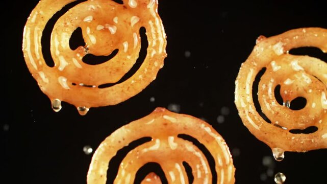 Floating Spiral Shaped Orange Jalebis with Liquid Sprays and White Glaze Drizzles on A Dark Black Background, A Culinary Still Life perfect for Diwali Festive and Celebration
