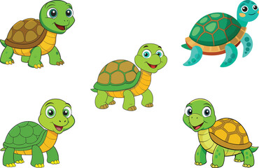 Obraz premium Cute Cartoon Turtle Set – Happy Baby Tortoise Vector Illustrations for Kids