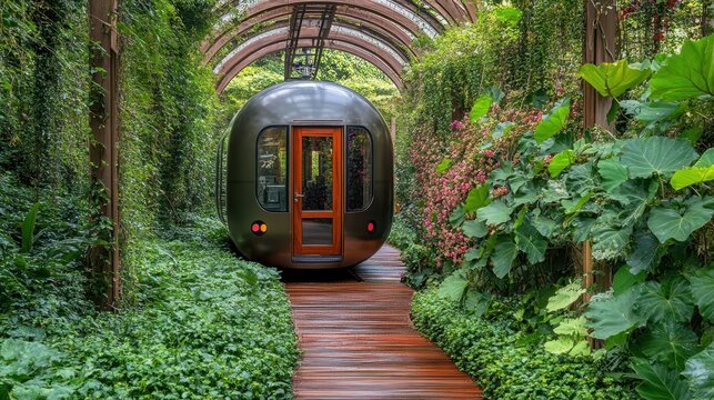 Futuristic Pod Vehicle Emerging from Lush Green Tunnel on Wooden Path in Botanical Garden - Powered by Adobe