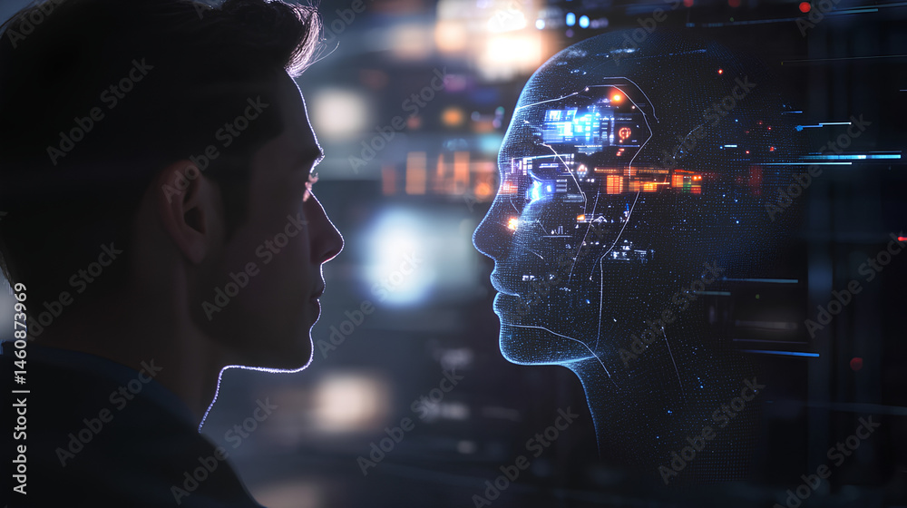 Poster an ai agent hologram symbolizing agentic autonomy for collaboration with the human workforce using a