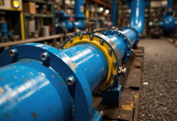 Industrial blue pipeline with yellow flange in a manufacturing facility