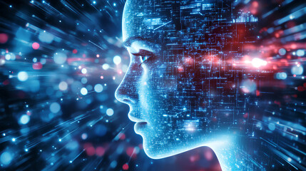 An AI agent hologram symbolizing agentic autonomy for collaboration with the human workforce using autonomous agents to work in business partnership using teamwork 
