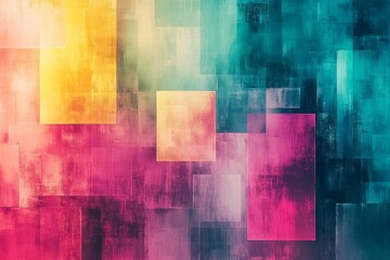 Pixelated square patterns with glitch textures, blending shades of teal, magenta, and yellow for a striking visual effect, Generative AI