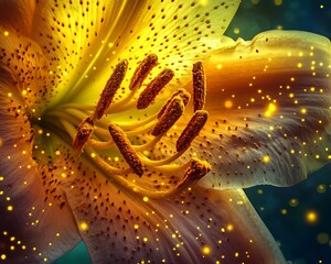 Extreme macro of a lily stamen covered in pollen super-resolution texture enhancement golden light diffusion
