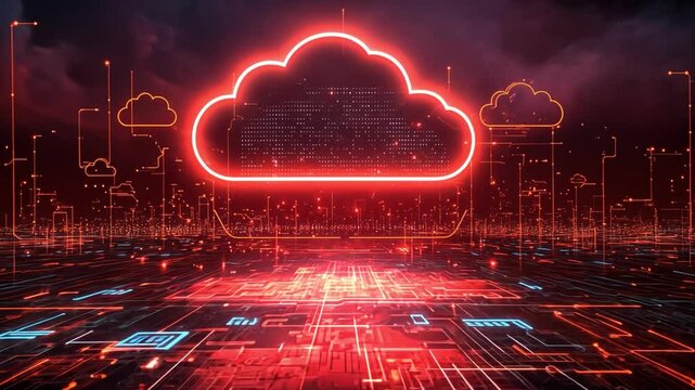 Futuristic cloud technology with glowing red circuits and digital patterns, inspiring vibrant atmosphere of innovation