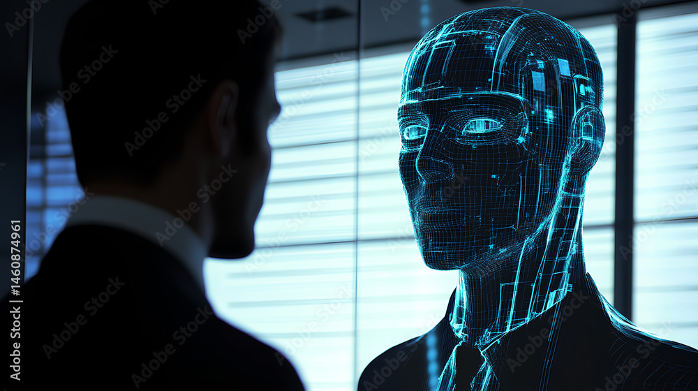 Poster an ai agent hologram symbolizing agentic autonomy for collaboration with the human workforce using a