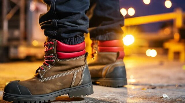 Close-up shows person wearing durable work boots and dark pants standing construction site at night with blurred