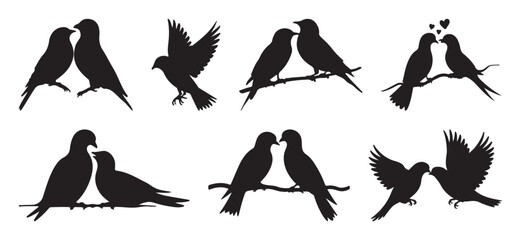 Obraz premium Set of bird couple silhouettes in various romantic poses, black vector design on white background 