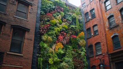 Naklejka premium Lush vertical garden adorning urban brick building facades.