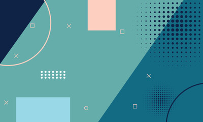 Modern abstract background with geometric shapes, halftone dots, and pastel colors on a teal backdrop. Ideal for design templates, web banners, or presentations.