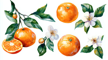 Beautiful set with watercolor fresh oranges with leaves and flowers in sunny Mediterranean style. Ready clip art for your design