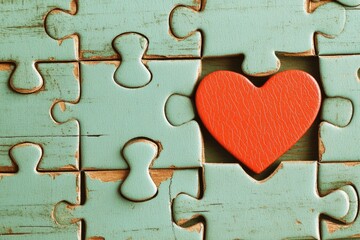 A teal-colored wooden jigsaw puzzle with a missing piece and a red heart