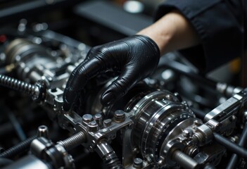 Fototapeta premium Hand in a black glove adjusting a mechanical component in a workshop