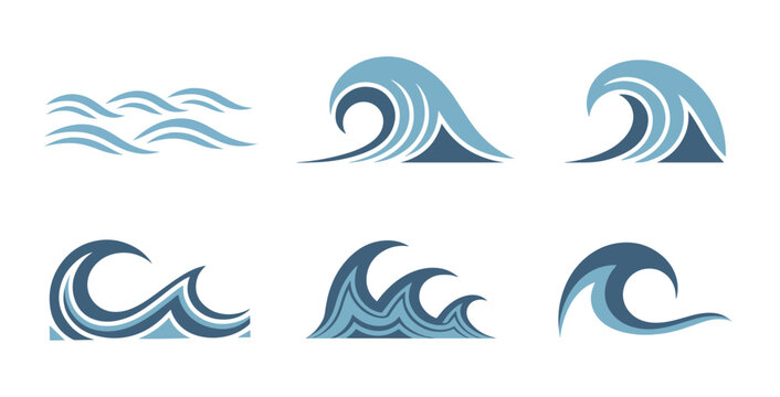 Set of stylized ocean wave illustrations for design elements.