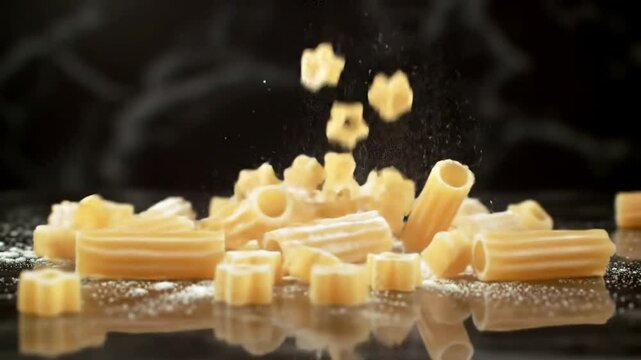 Slow Motion Shot of Falling Ribbed Gomiti and Tiny Star Shaped Pasta on Reflective Table with Dark Textured Backdrop